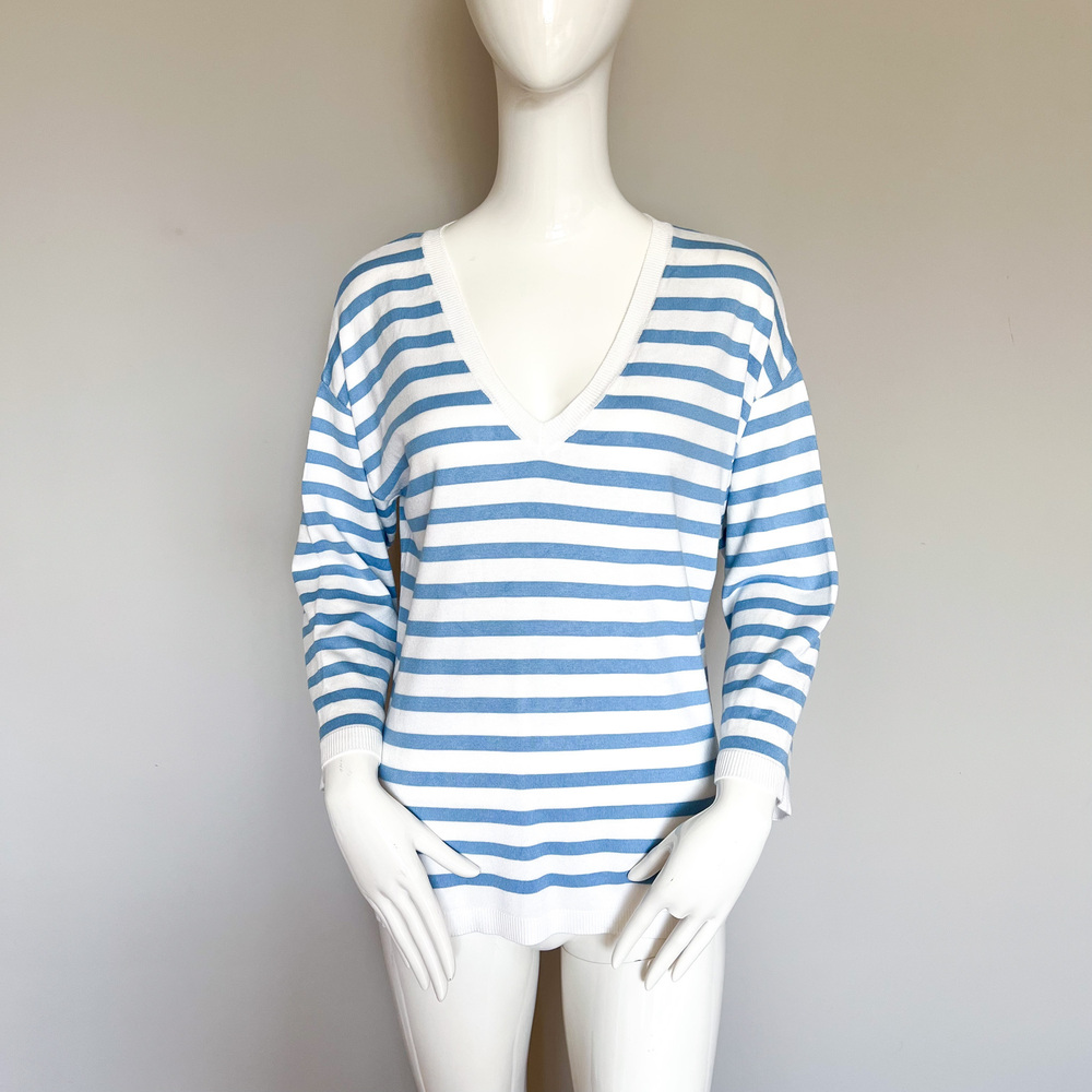 NEW Massimo Dutti Blue White Striped V-Neck Knit Top Viscose blend S